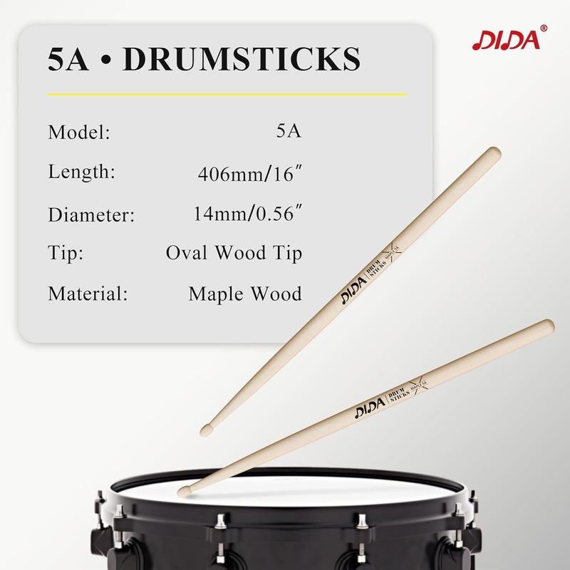 DIDA Drum Sticks, Drumsticks for Drum, Maple Wood Drumsticks, Wood Tip Drum Stick for Drums, Drum Stick for Musical Instrument Percussion, Drumstick for Beginners (4 Pair, 5A) - Image 2